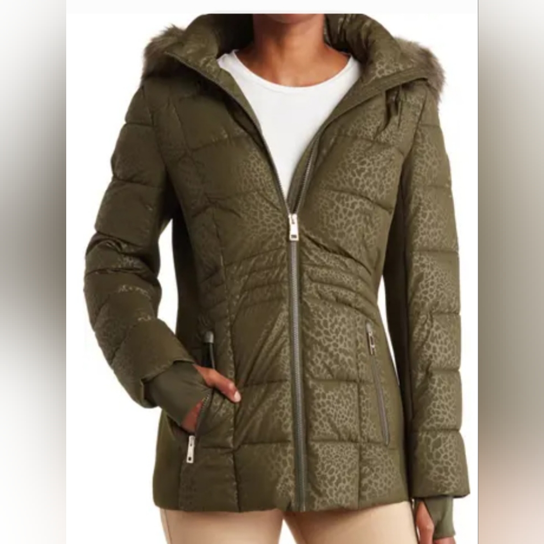 Michael Kors Faux Fur Trin Puffer Jacket, Olive, Size S